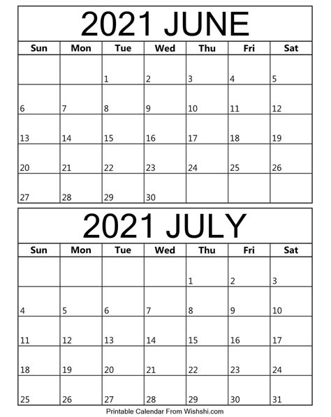 June July Calendar 2021 Printable